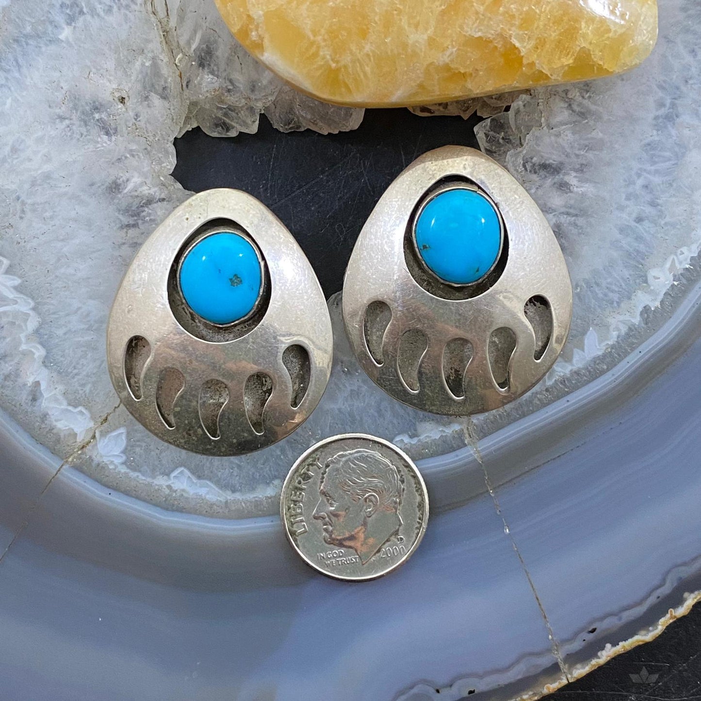 Vintage Native American Sterling Turquoise Shadow Box Bear Claw Stud Earrings