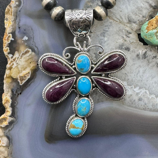 Native American Sterling Silver Turquoise & Spiny Oyster Dragonfly Pendant For Women