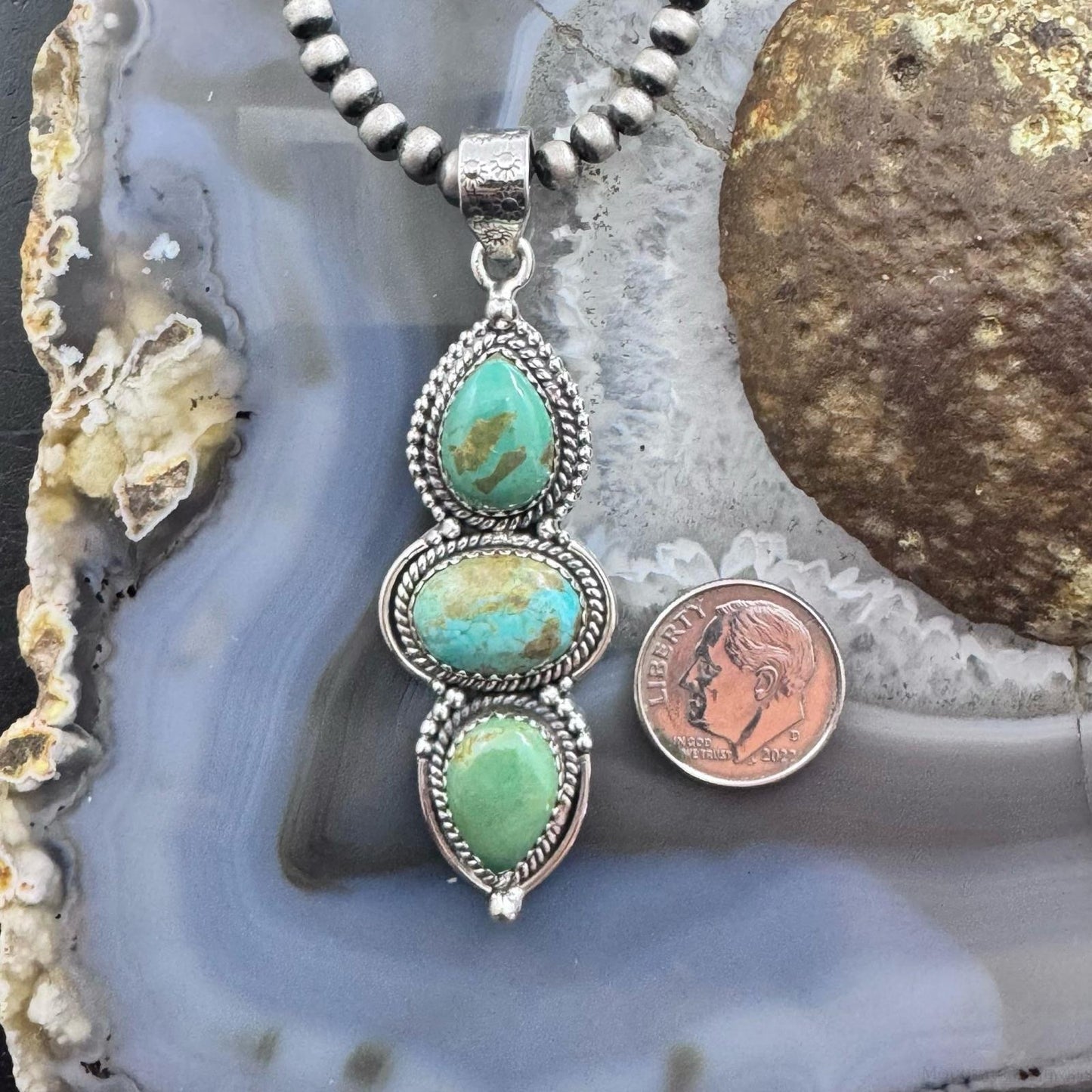 Sterling Silver Southwestern Style 3 Turquoise Decorated Pendant For Women