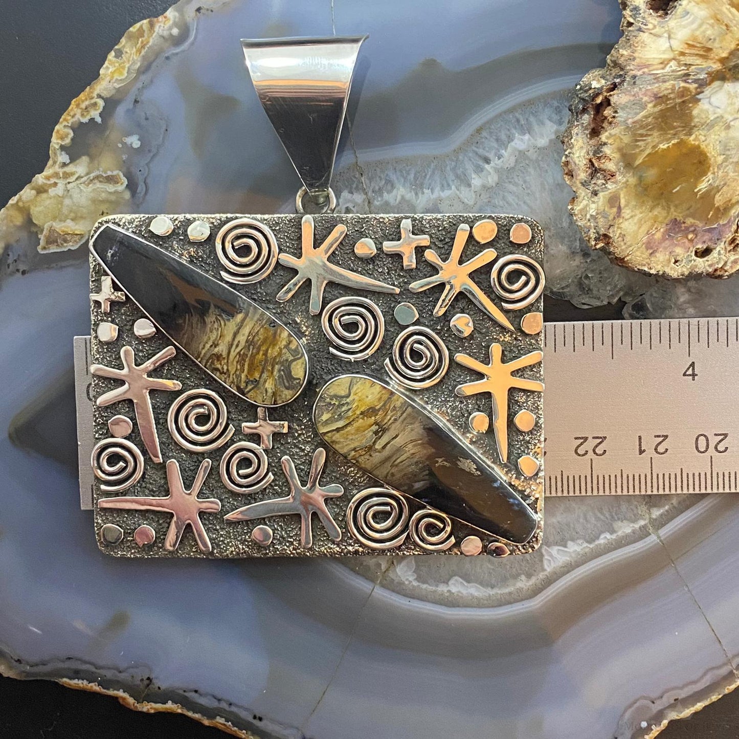 Alex Sanchez Native American Sterling Silver Teardrop Plum Root Jasper Rectangle Petroglyph Pendant