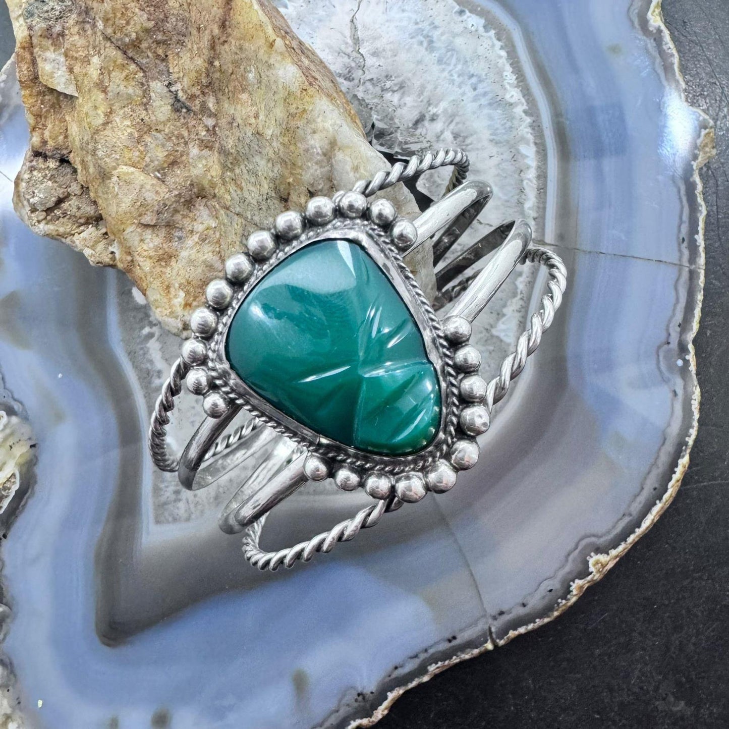 Vintage Mexican Sterling Silver Curved Tribal Mask Face Green Onyx Bracelet For Women