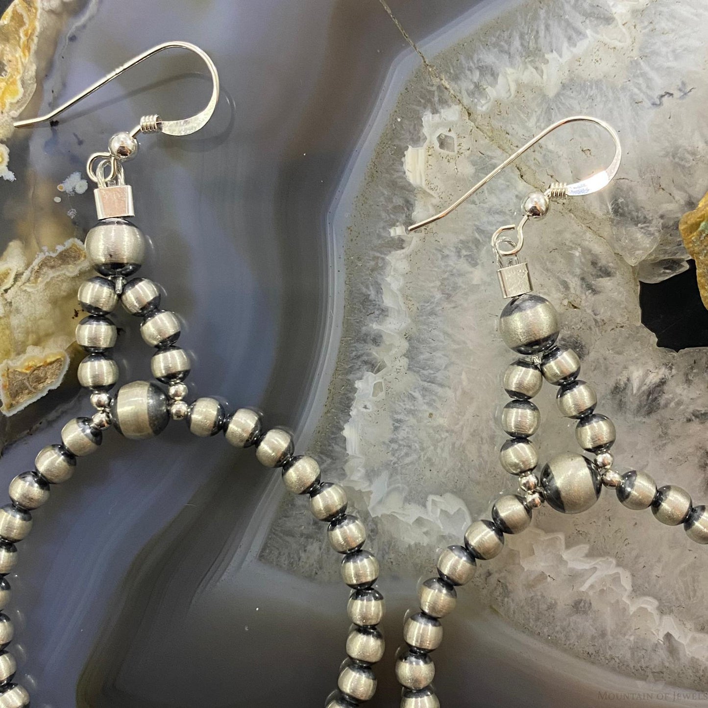 Navajo Pearl Bead 4 mm Sterling Silver Hoop Dangle Earrings For Women