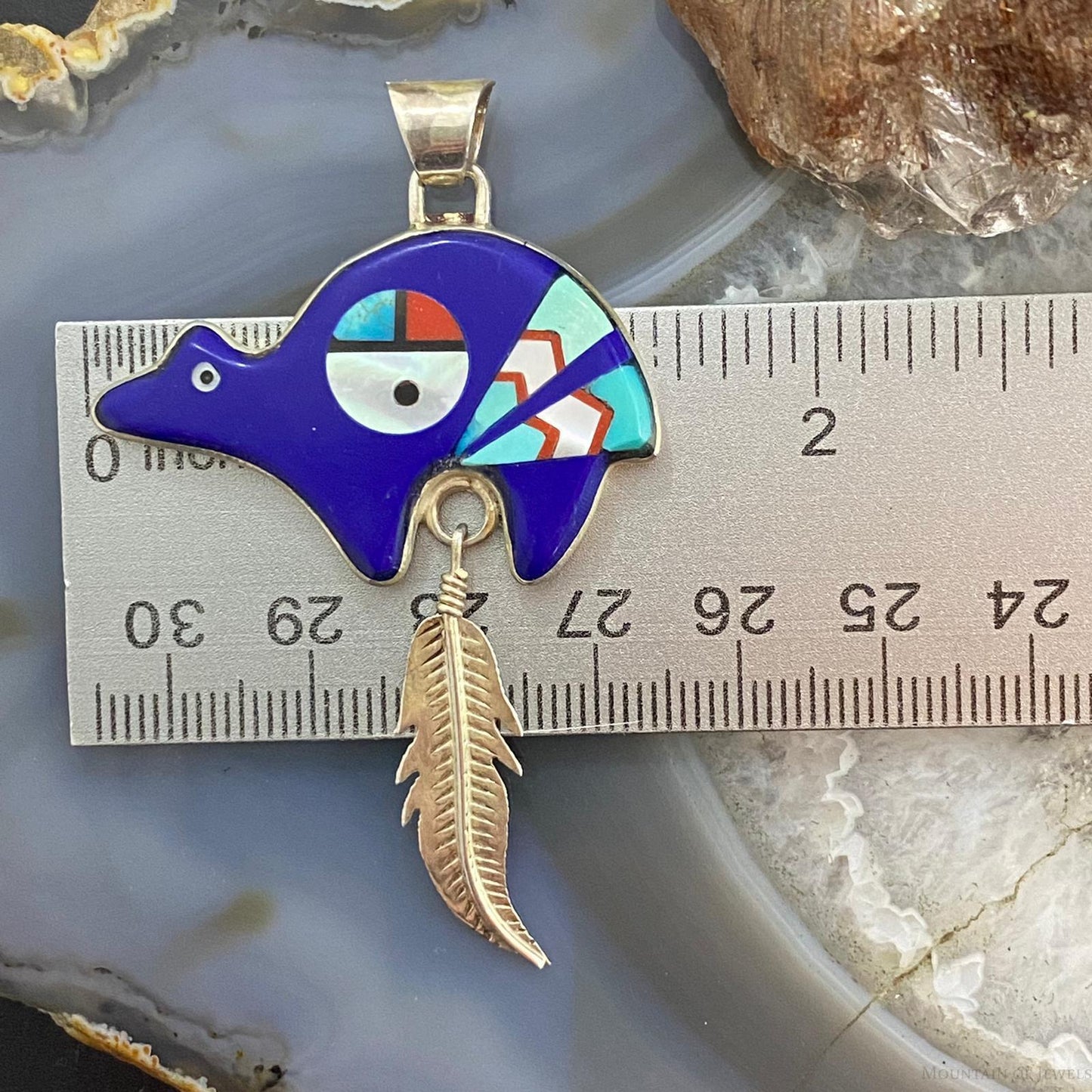 Native American Sterling Multistone Zuni Inlay Fetish Bear w/Feather Pendant