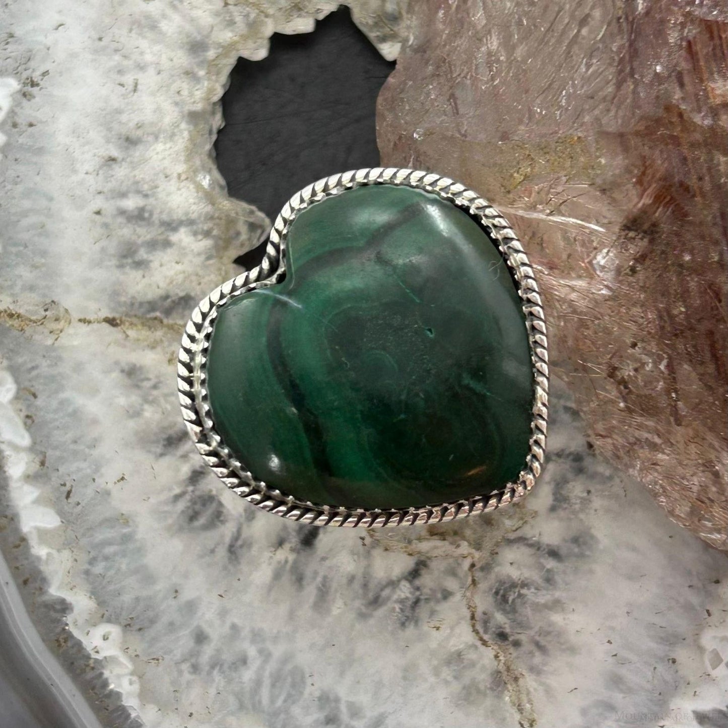 Sterling Silver Southwestern Style Malachite Heart Shape Ring Size 10 For Women