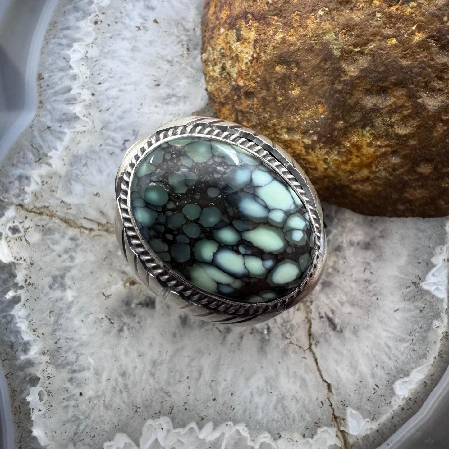 Native American Sterling Silver Oval Lander Turquoise Shield Ring Size 9.5 For Men