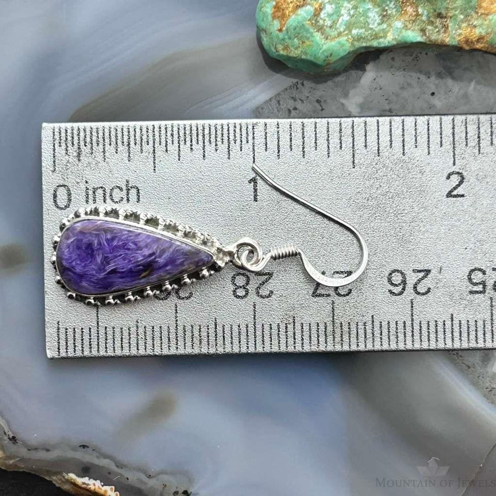 Sterling Silver Southwestern Style Teardrop Charoite Dangle Earrings For Women