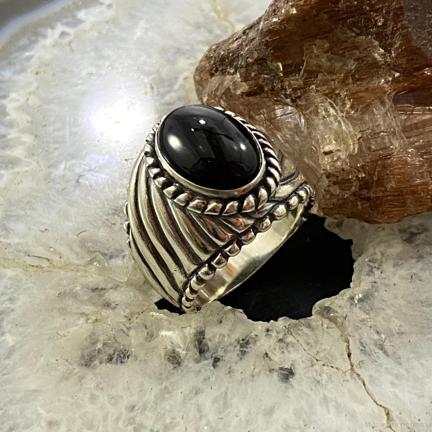 Carolyn Pollack Southwestern Style Sterling Silver Oval Black Onyx Decorated Shield Ring For Women