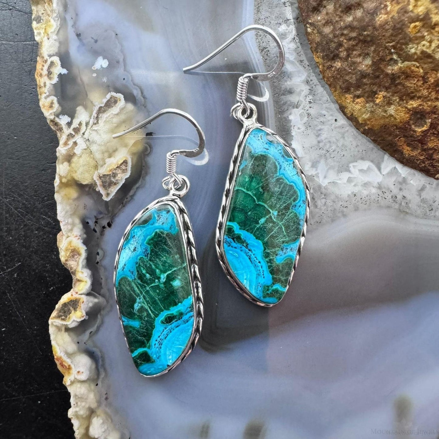 Sterling Silver Southwestern Style Tilde Malachite Azurite Dangle Earrings For Women