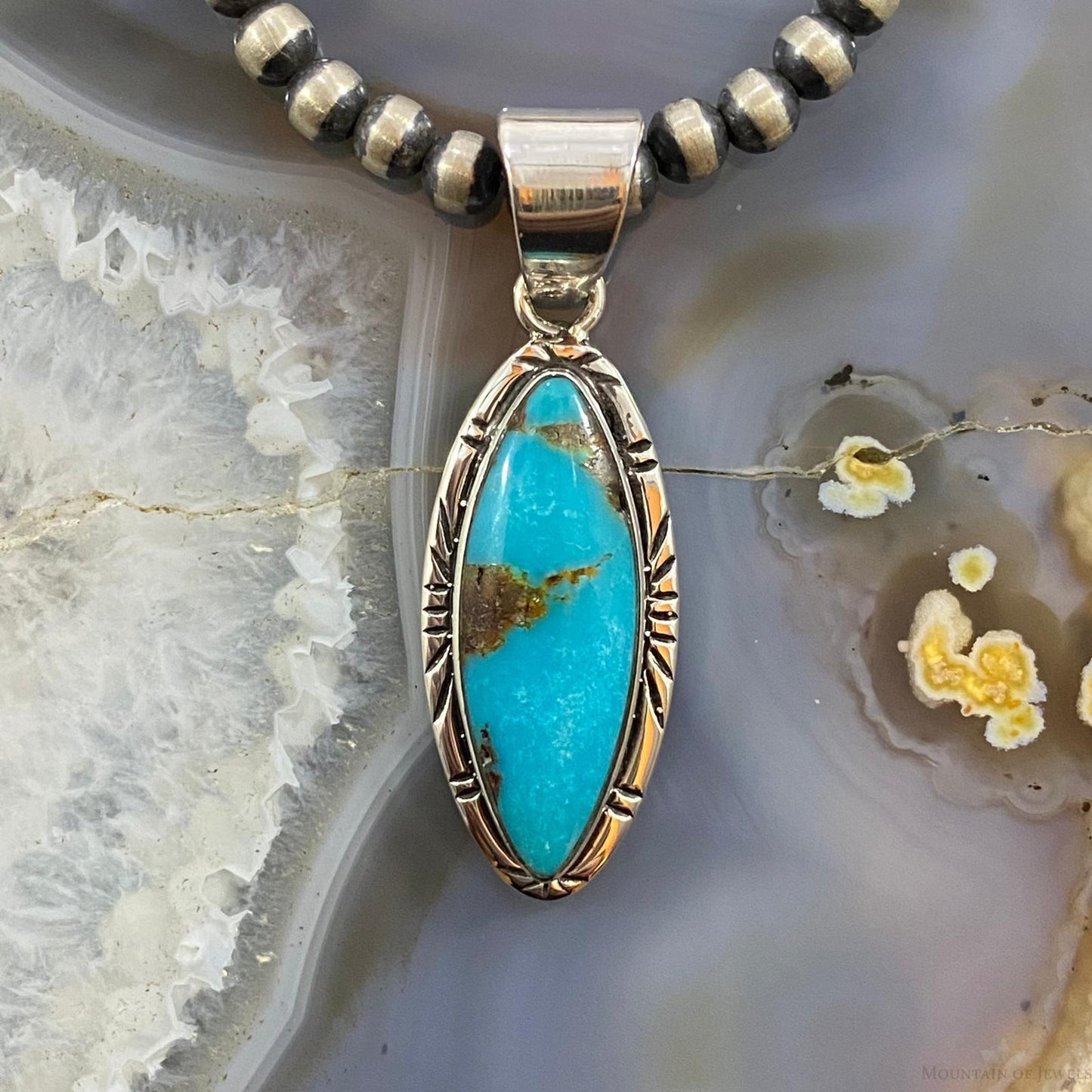 Native American Sterling Silver Turquoise Marquise Pendant For Women