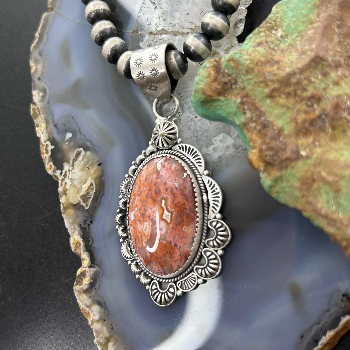 Sterling Silver Southwestern Style Oval Red Plum Jasper Decorated Pendant For Women