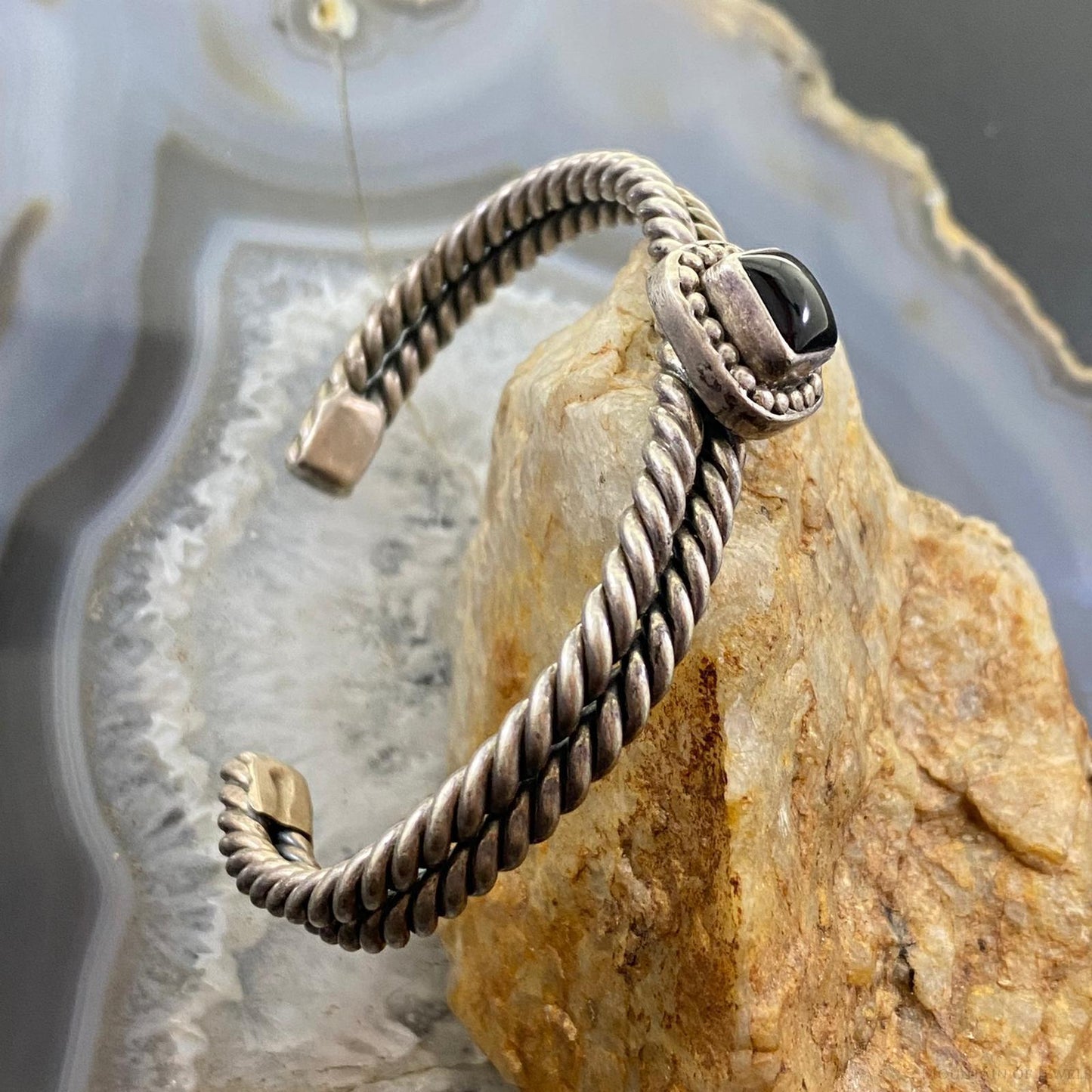 Vintage Native American Silver Square Onyx Double Coil Bracelet For Women