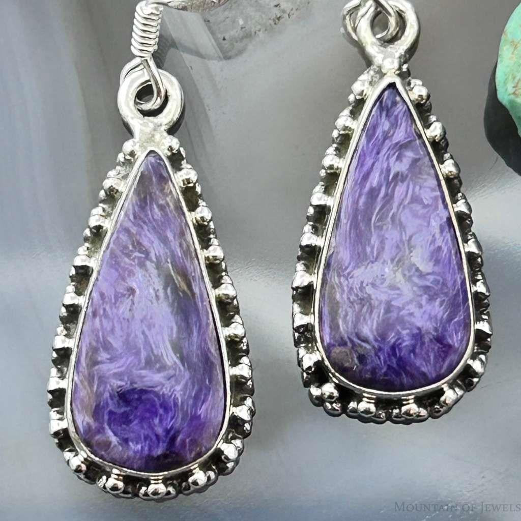 Sterling Silver Southwestern Style Teardrop Charoite Dangle Earrings For Women