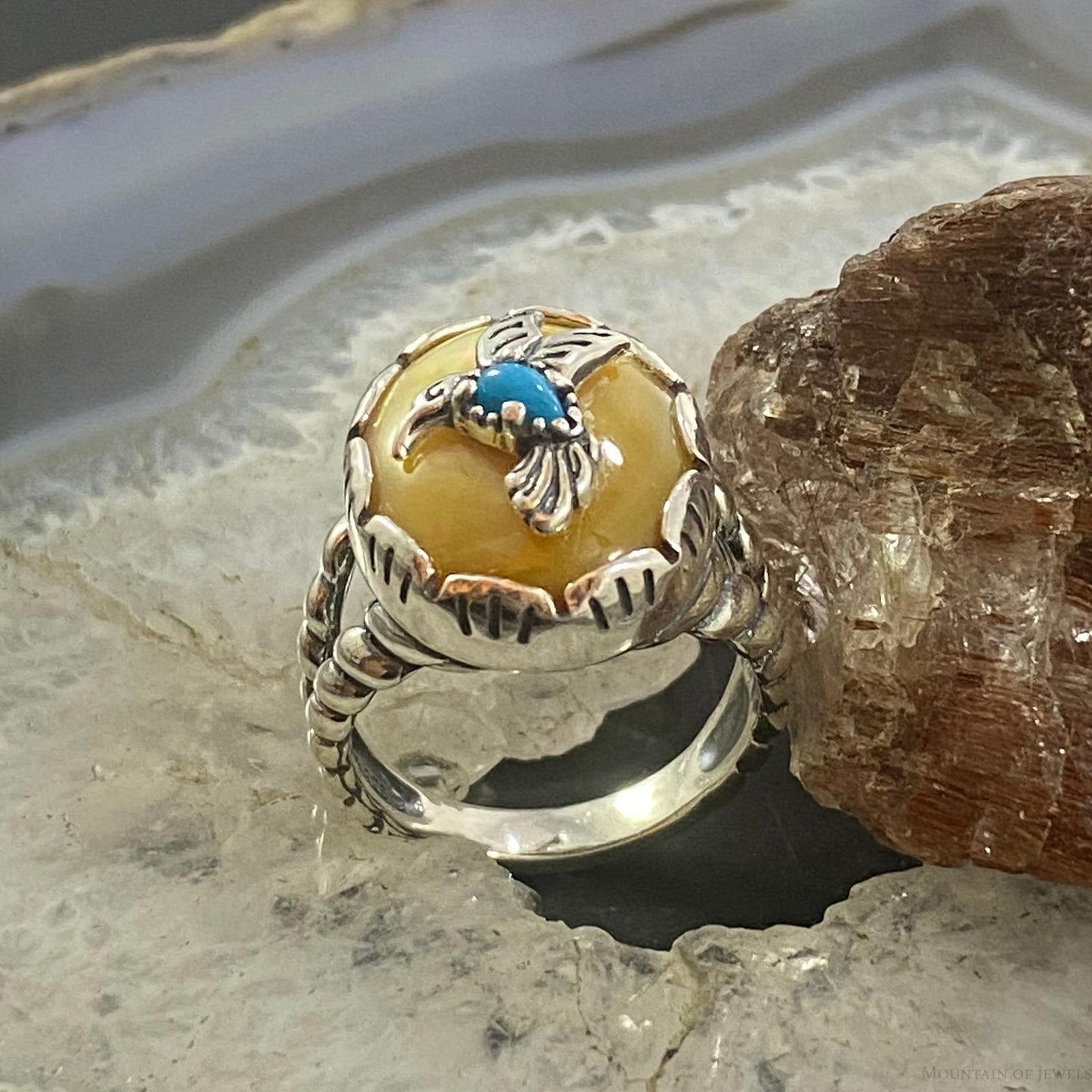 Carolyn Pollack Southwestern Style Sterling Silver Gold Mother of Pearl/Turquoise Hummingbird Ring For Women