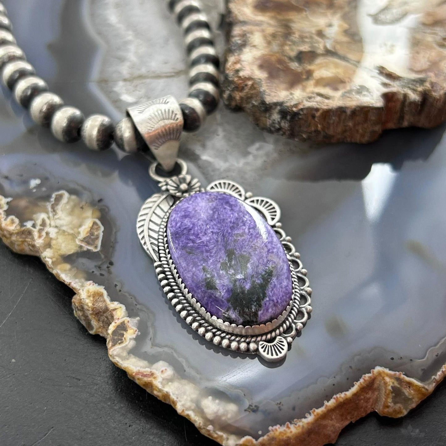 Sterling Silver Southwestern Style Oval Charoite Leaf Decorated Pendant For Women