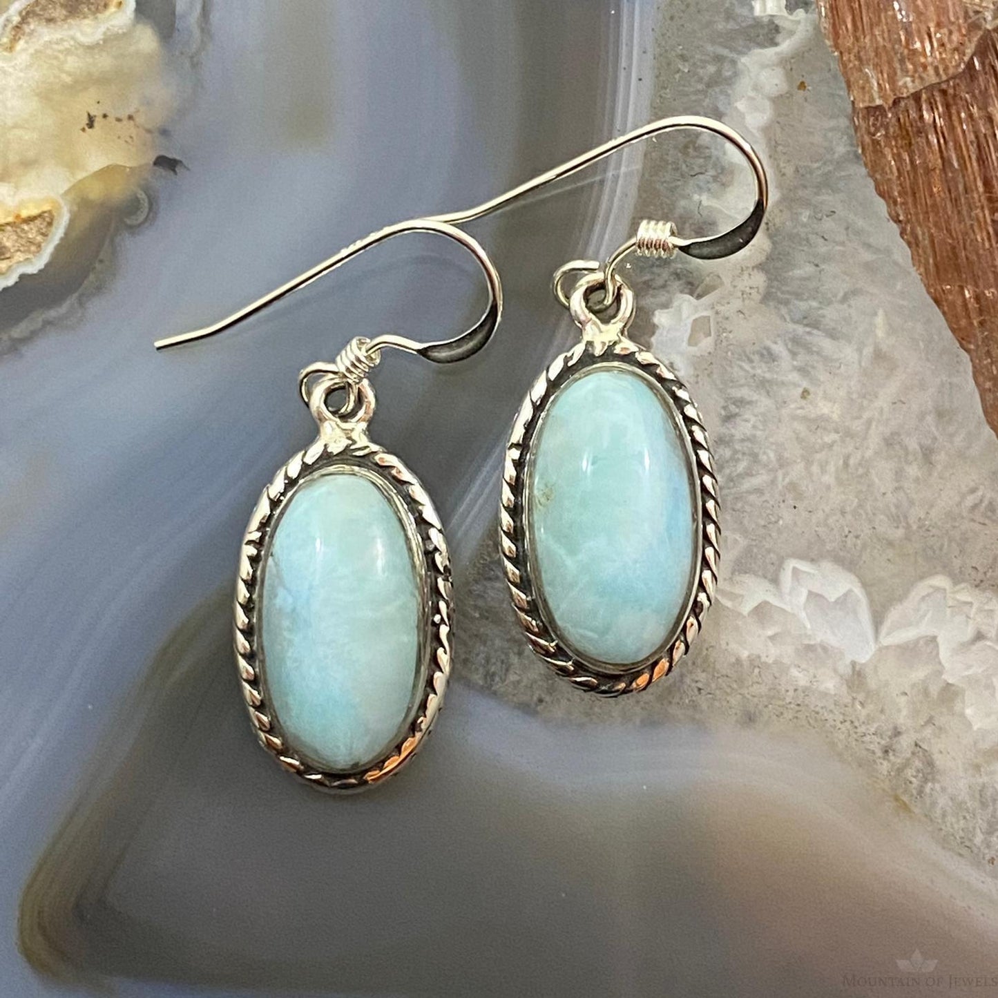 Native American Sterling Silver Oval Larimar Dangle Earrings For Women
