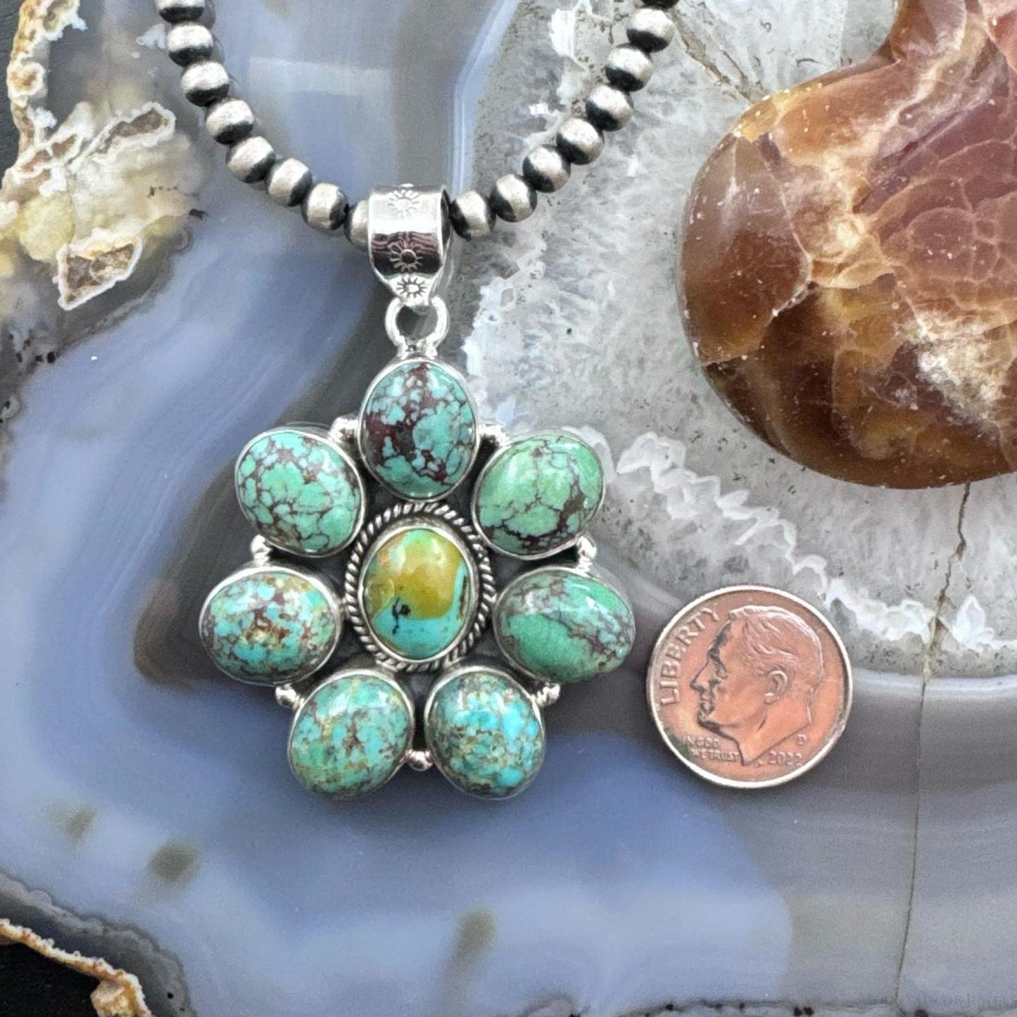 Sterling Silver Southwestern Style Oval Turquoise Cluster Pendant For Women