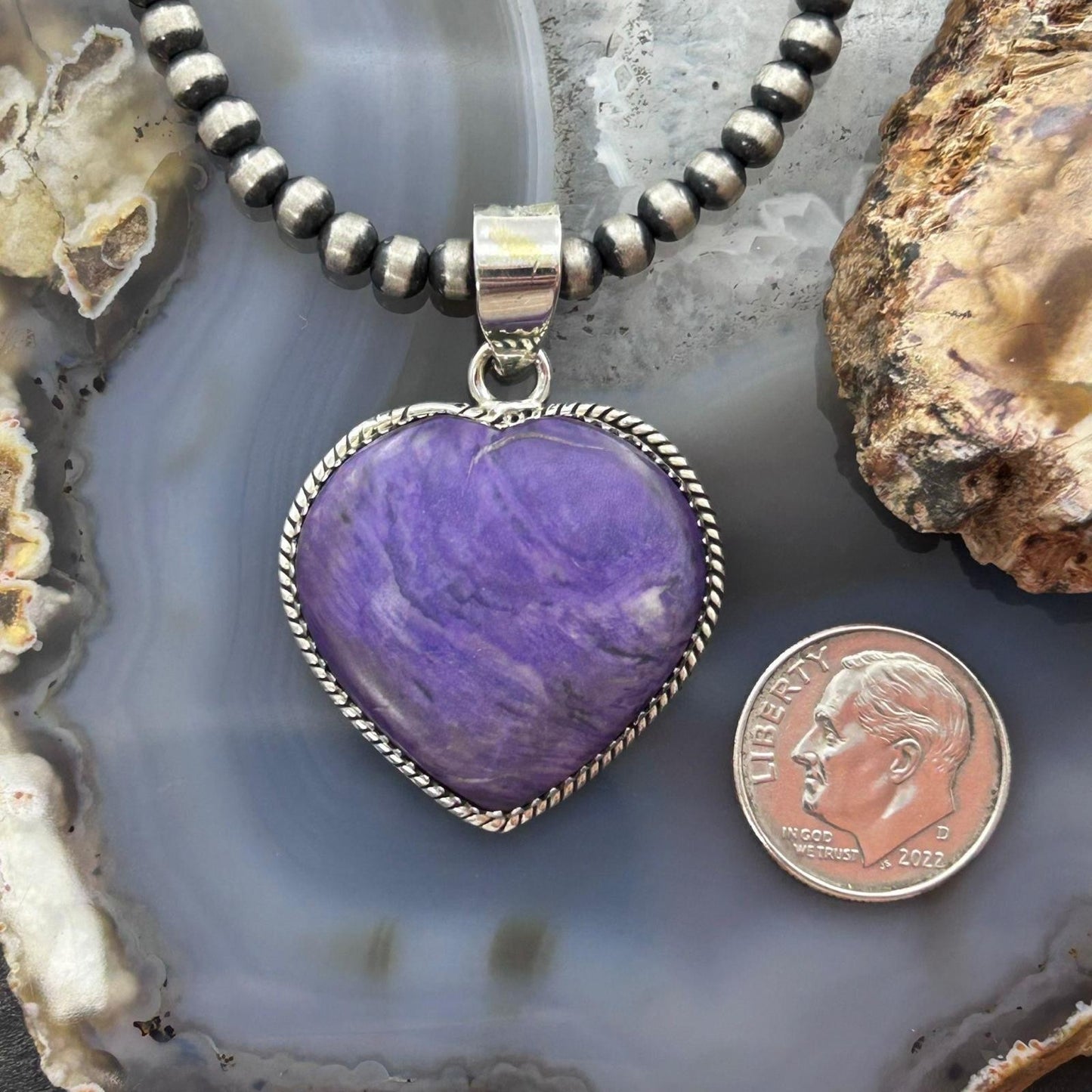 Sterling Silver Southwestern Style Charoite Heart Pendant For Women #1
