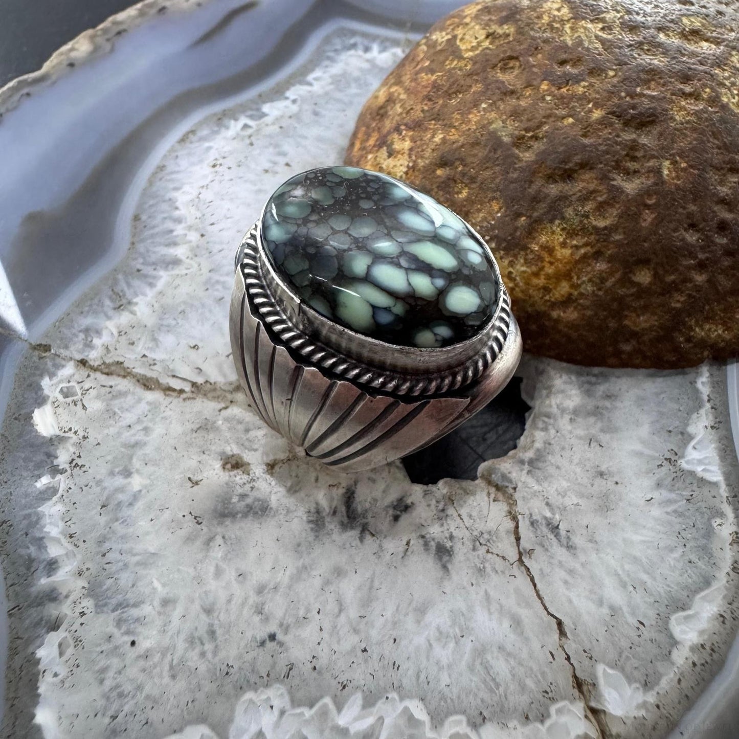 Native American Sterling Silver Oval Lander Turquoise Shield Ring Size 9.5 For Men
