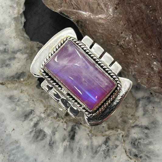 Sterling Silver Southwestern Style Pink Rainbow Decorated Bar Ring Size 7.75 For Women