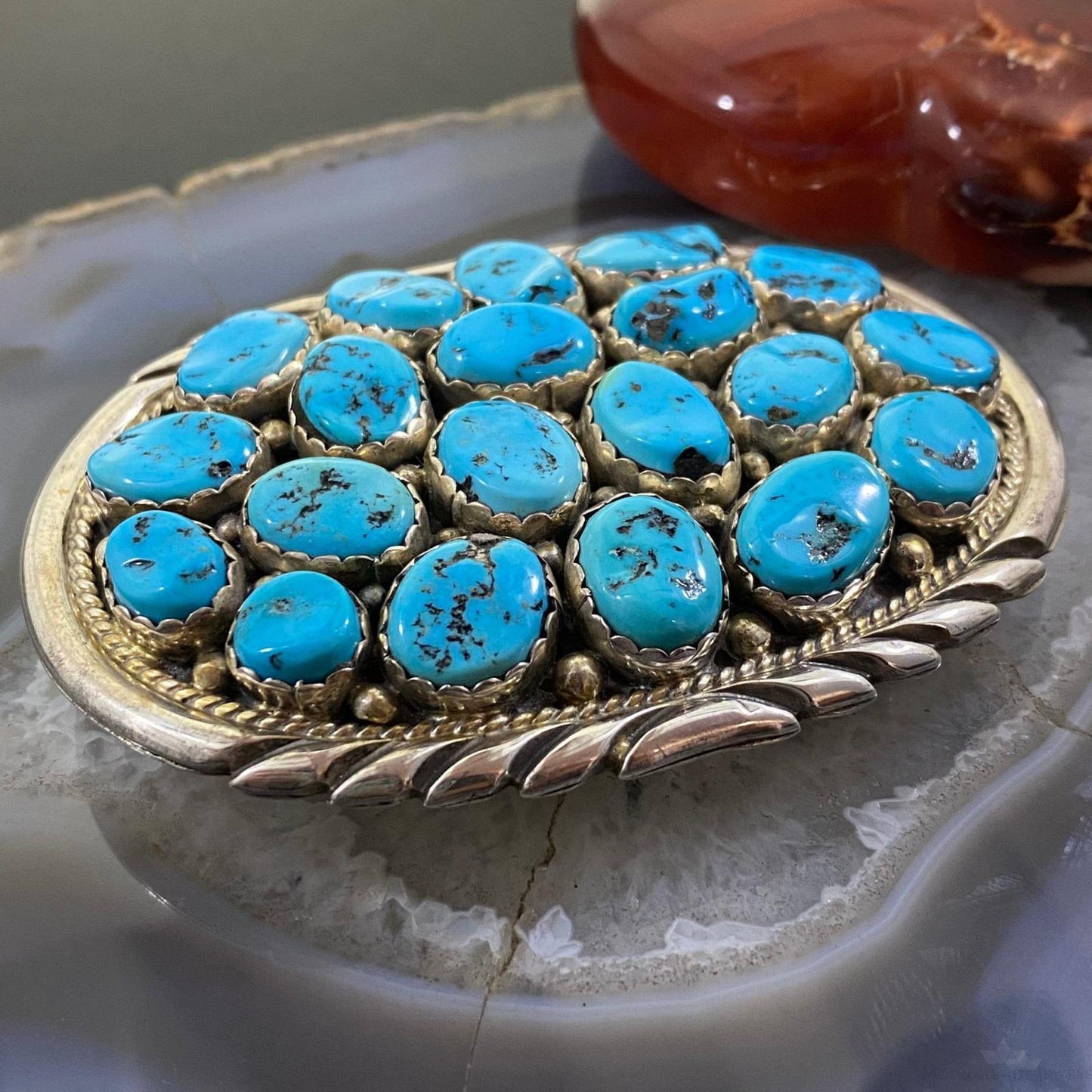 Vintage Heavy Native American Silver Oval Rough Turquoise Belt Buckle For Men