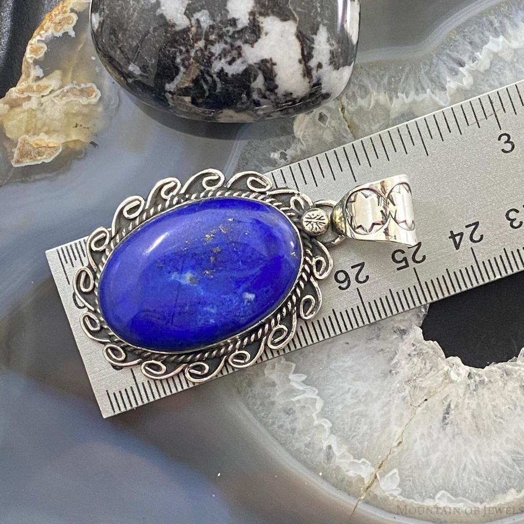 Gilbert Nez Navajo Sterling Silver Oval Decorated Lapis Pendant For Women