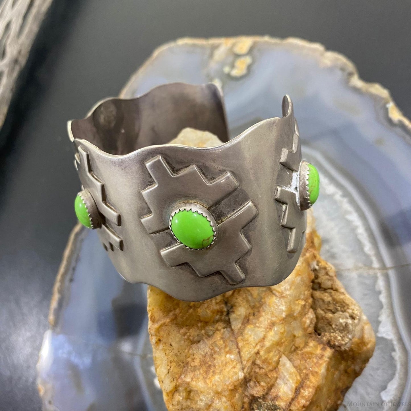 Kevin Rey Coriz Native American Sterling Silver Gaspeite Overlay Motif Bracelet For Women