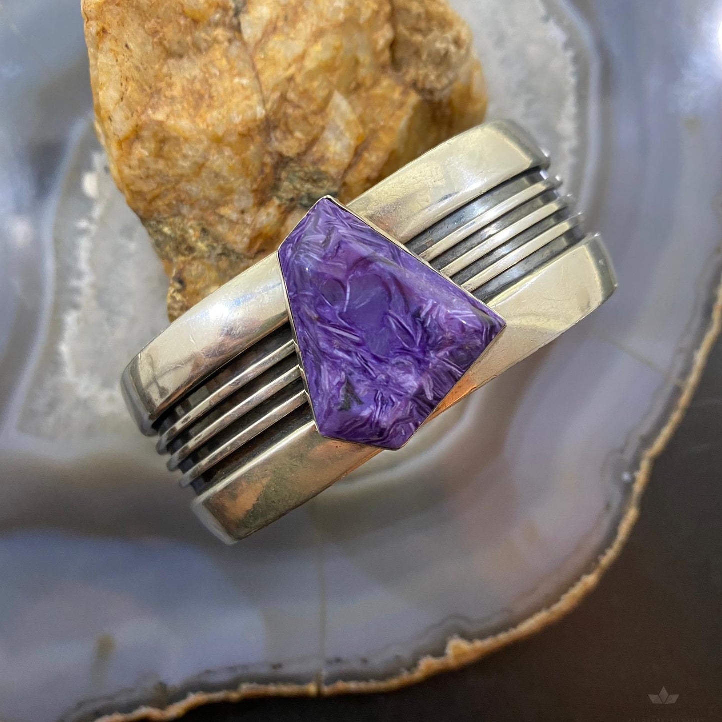 Signed Native American Sterling Linear Overlay Charoite Bracelet For Women