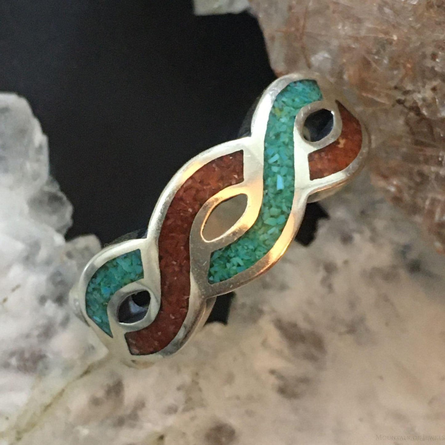 Carolyn Pollack Southwestern Style Sterling Silver Turquoise & Coral Chip Inlay Band Ring
