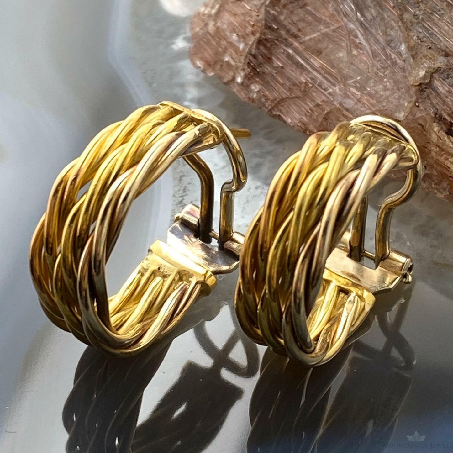 18K Tri Gold Braided Hoop Earrings For Women