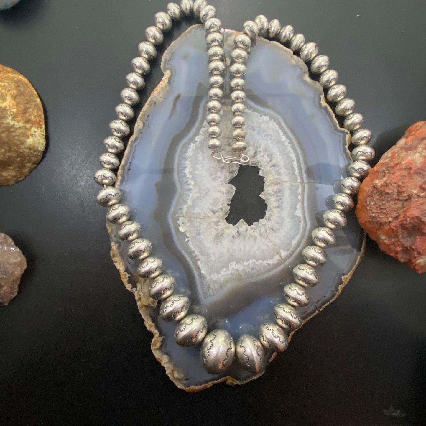 Native American Vintage Graduated Handmade Stamped Navajo Pearl Beads Necklace