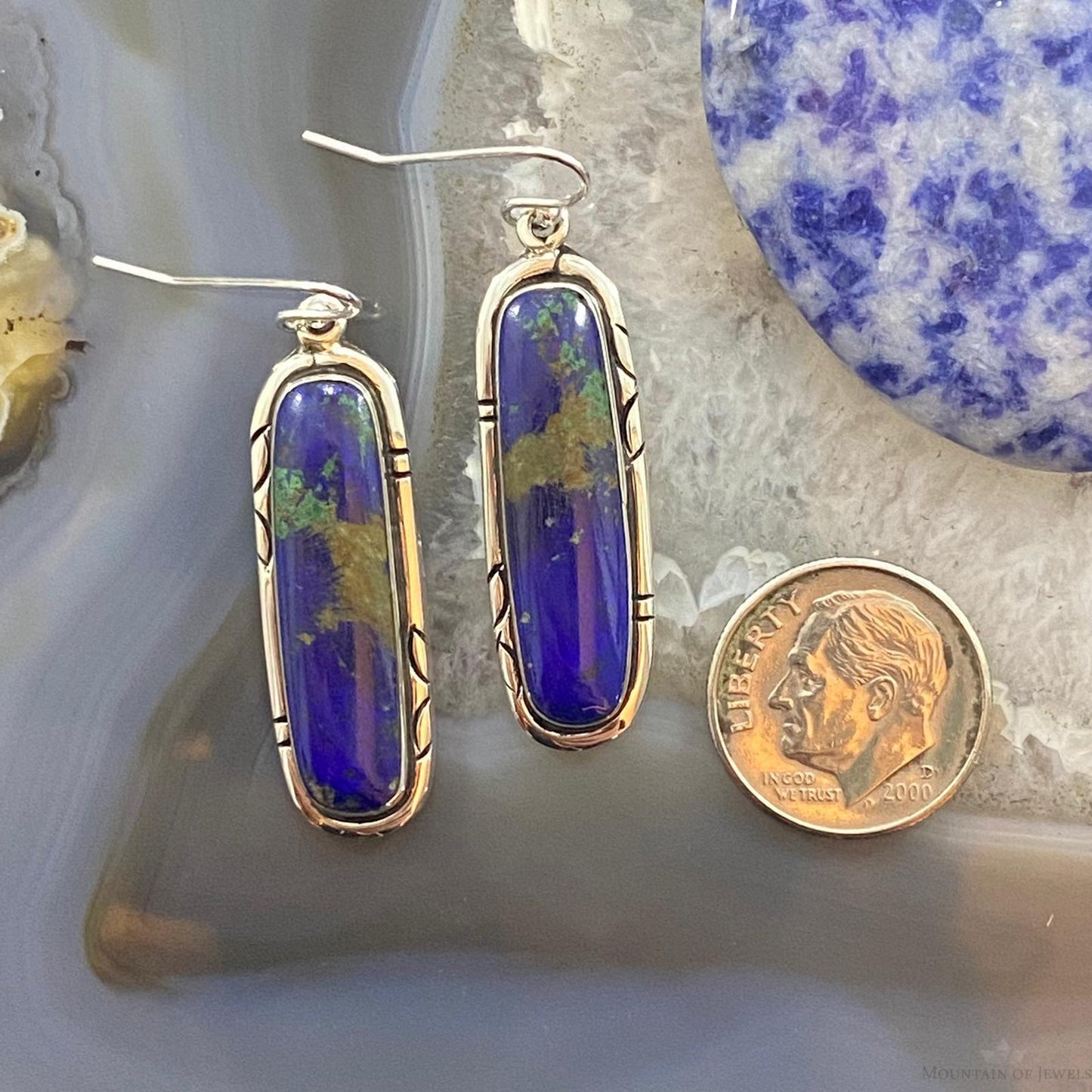 Native American Sterling Silver Oval Azurite Malachite Dangle Earrings For Women