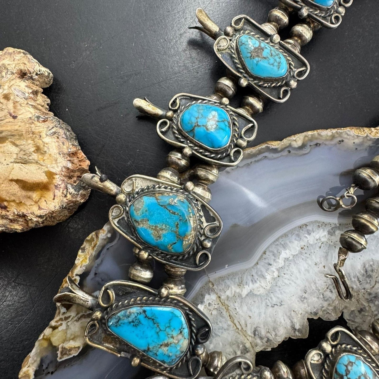 Vintage Native American Silver Matrix Turquoise 24" Squash Blossom Necklace For Women