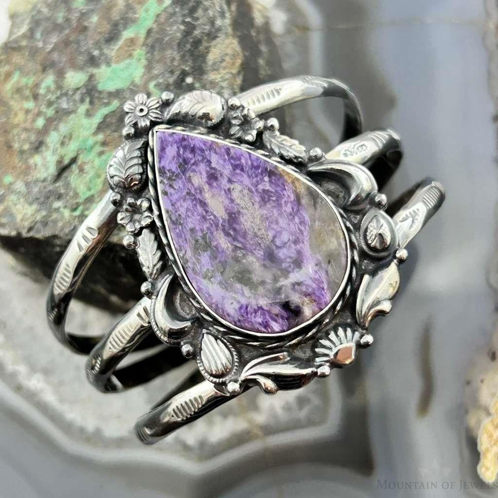 Sterling Silver Southwestern Style Teardrop Charoite Decorated Bracelet For Women
