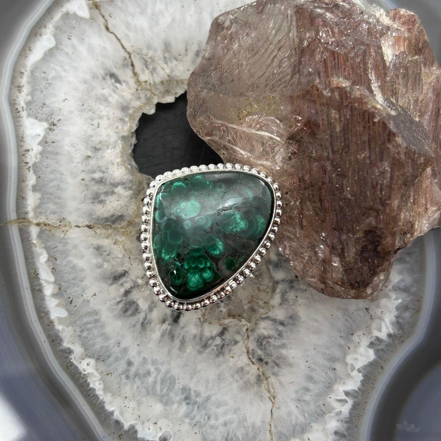 Sterling Silver Southwestern Style Wide Triangle Malachite Ring Size 9 For Women