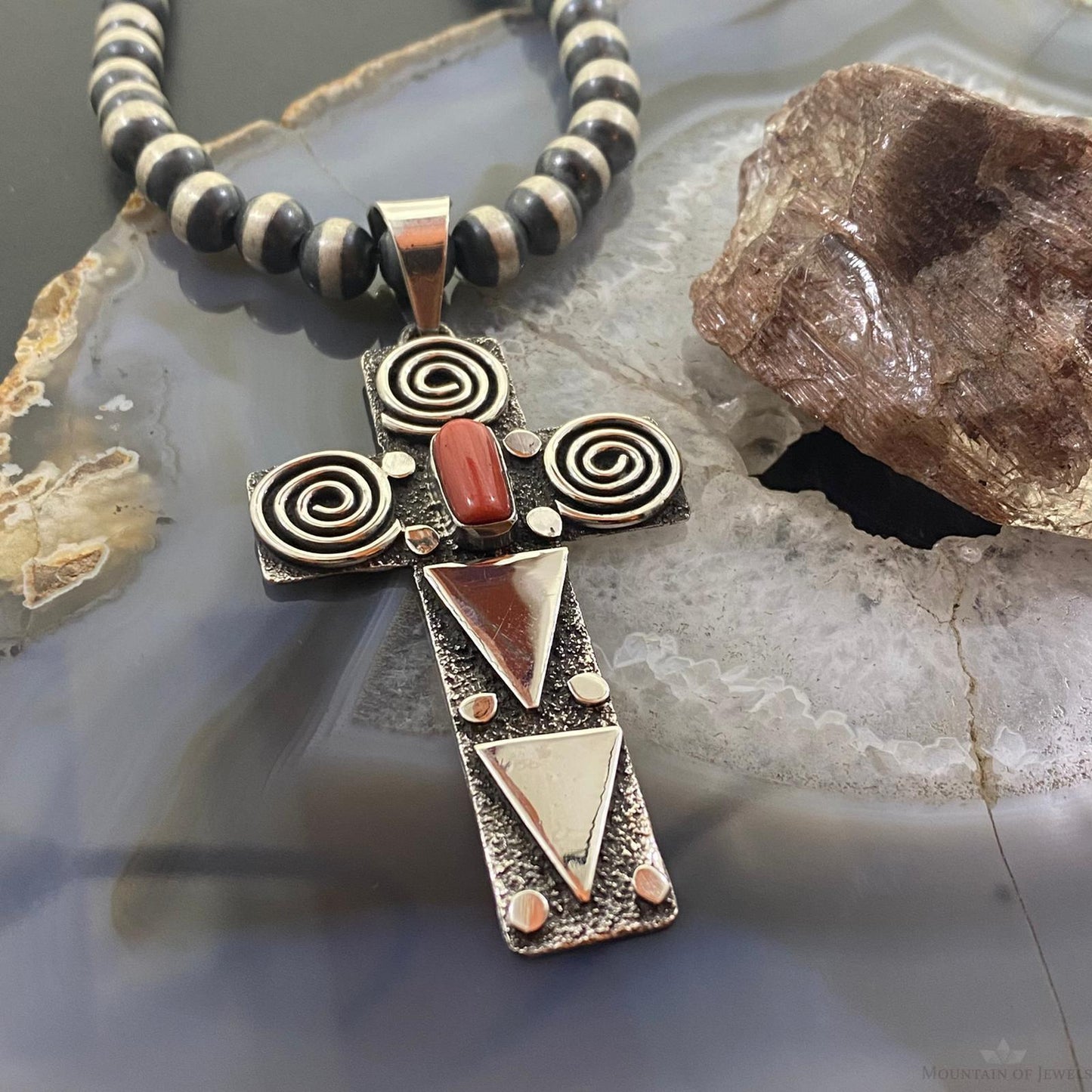 Alex Sanchez Native American Sterling Coral Petroglyph Cross Uni Pendant #4