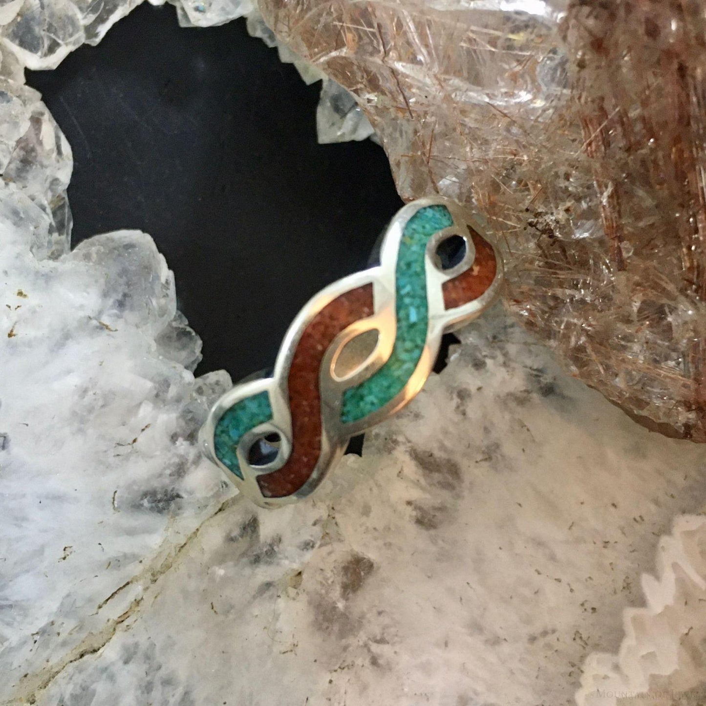 Carolyn Pollack Southwestern Style Sterling Silver Turquoise & Coral Chip Inlay Band Ring