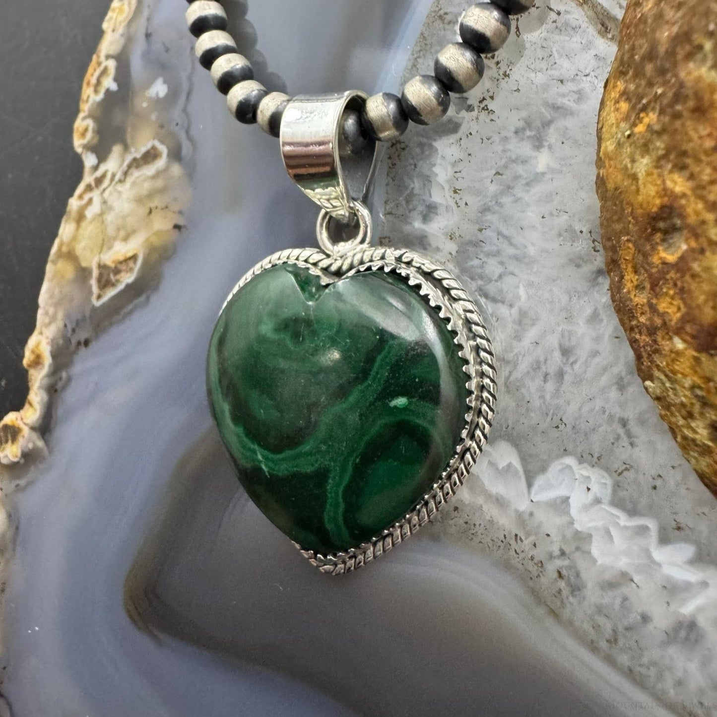 Sterling Silver Southwestern Style Malachite Heart Shape Pendant For Women