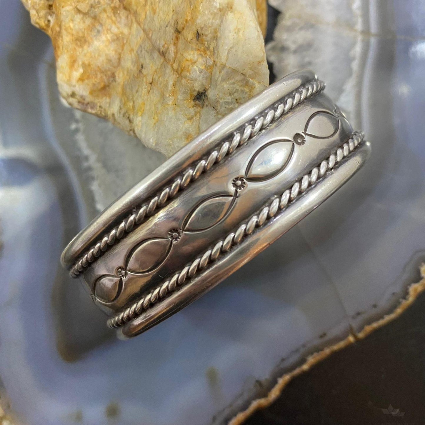 Vintage Native American Silver Stamped & Decorated Heavy Bracelet For Women