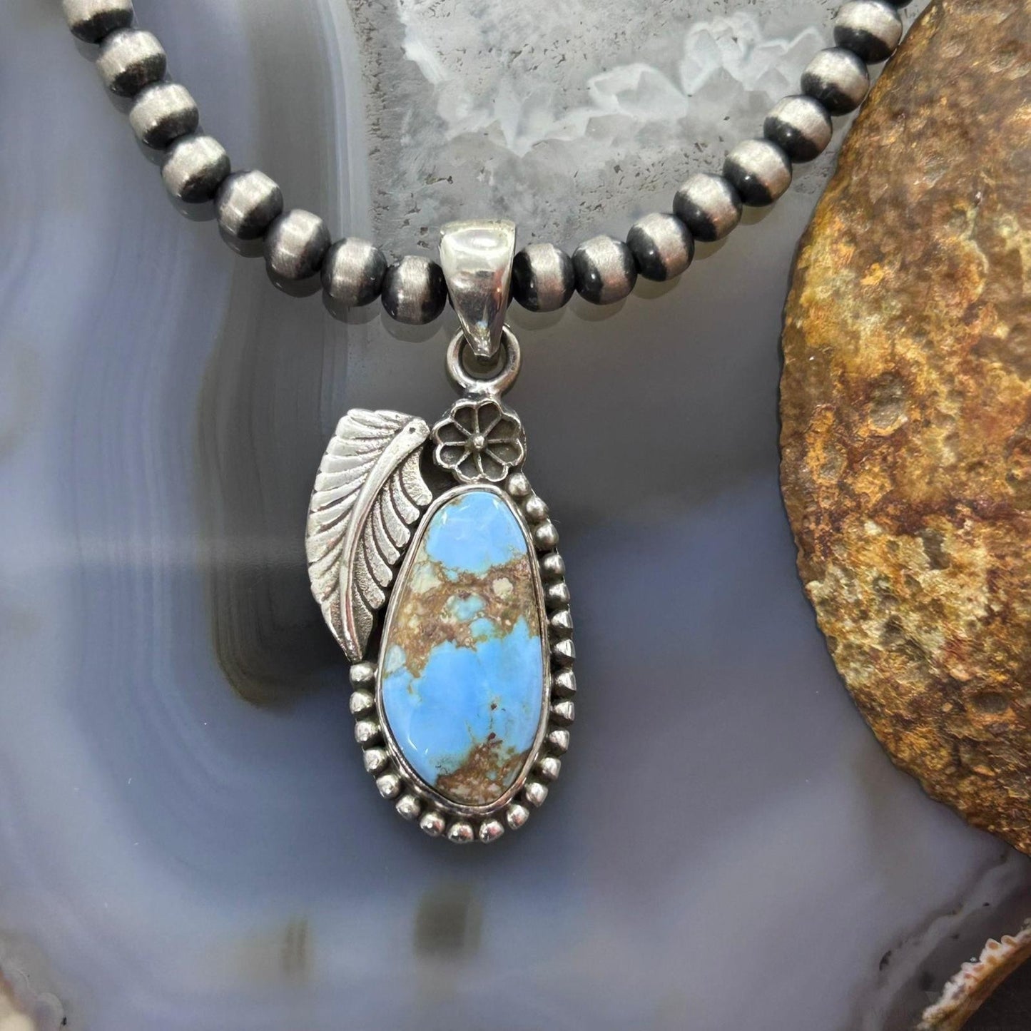 Sterling Silver Southwestern Style Golden Hill Turquoise Leaves Pendant For Women #4