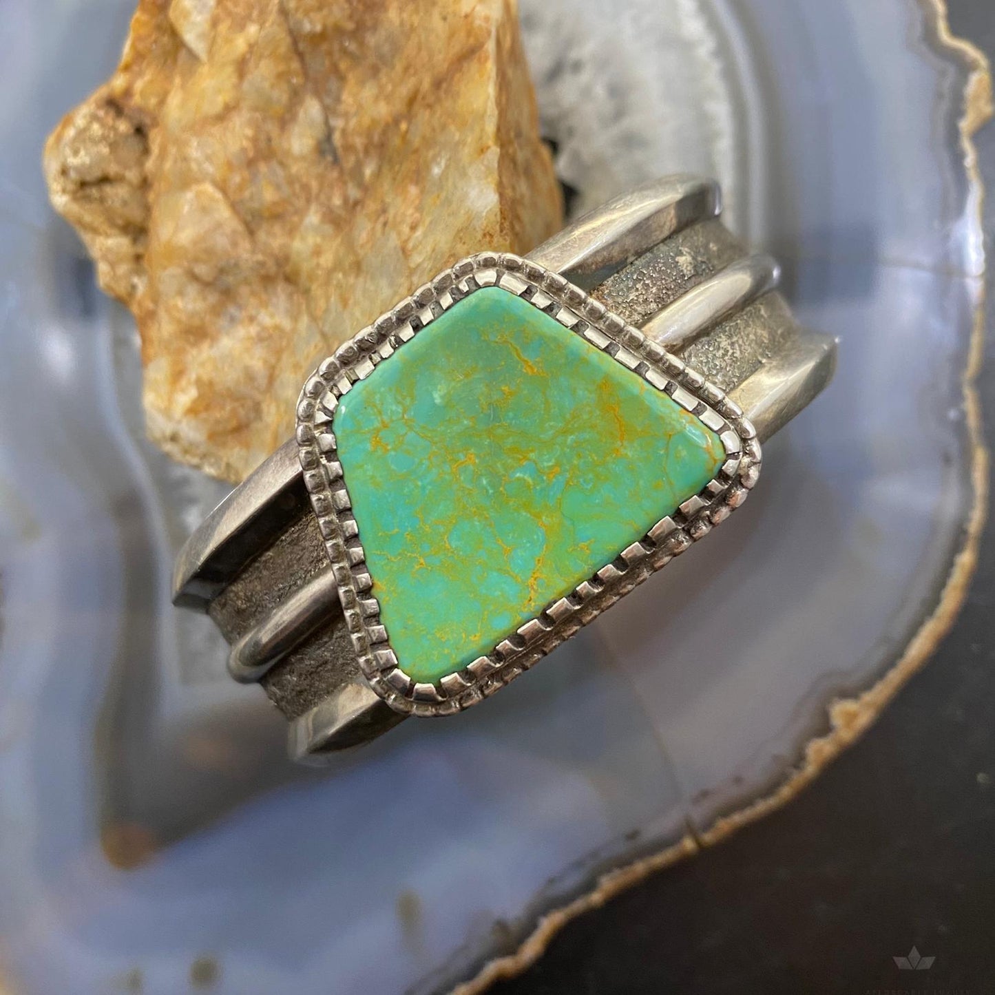 Vintage Native American Silver Trapeze Green Turquoise Solid Unisex Bracelet