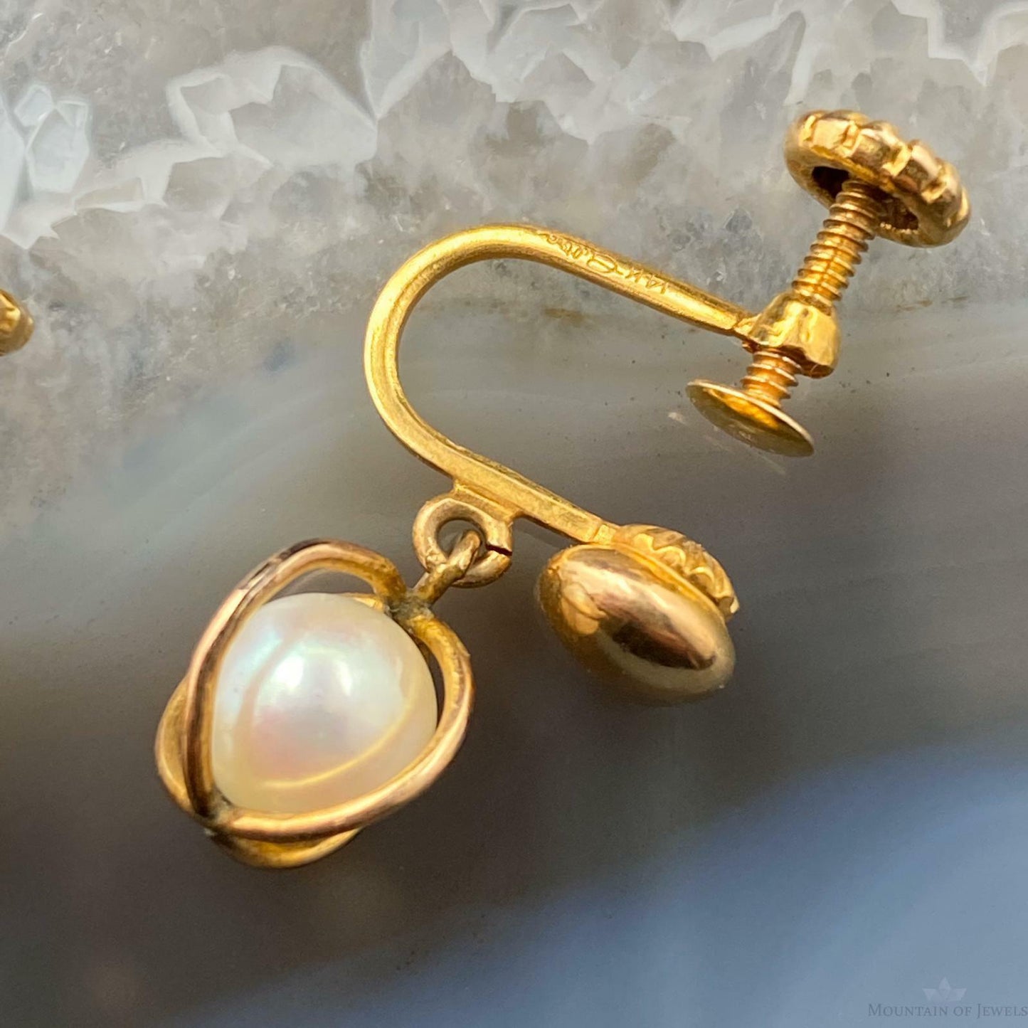 14K Yellow Gold Screw Back Pearl Stud Earrings For Women