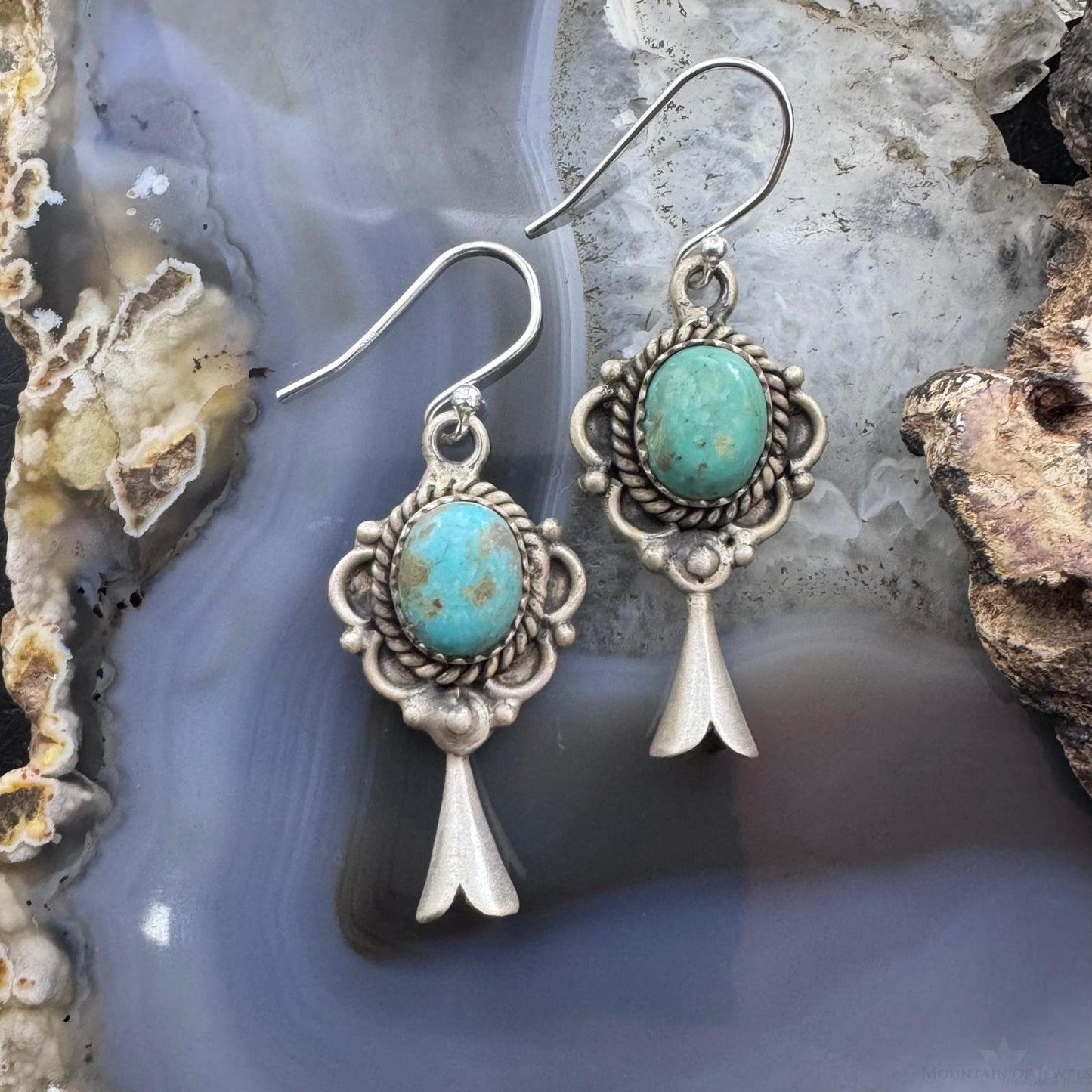 Sterling Silver Southwestern Style Turquoise Squash Blossom Decorated Dangle Earrings For Women