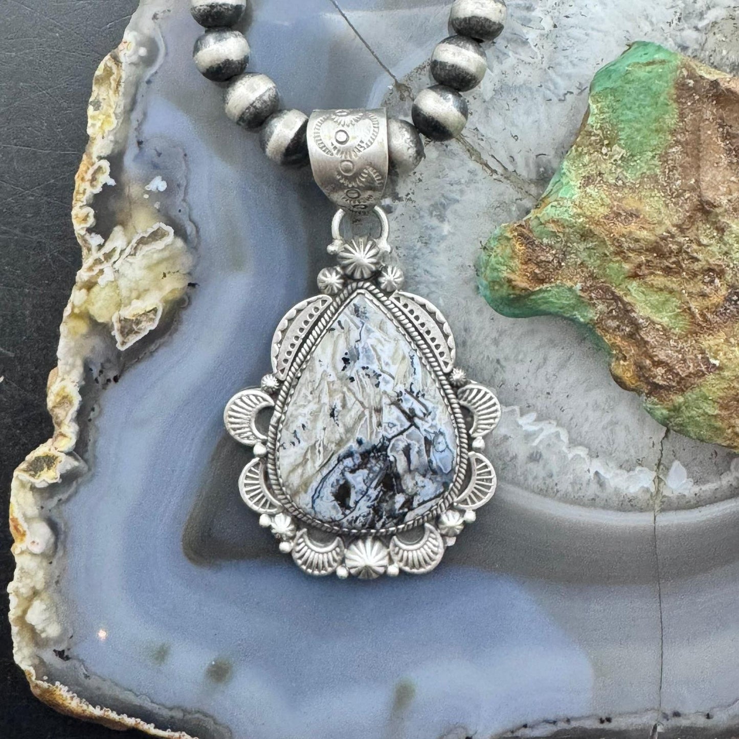 Sterling Silver Southwestern Style Wide Teardrop Dendritic Agate Decorated Pendant For Women