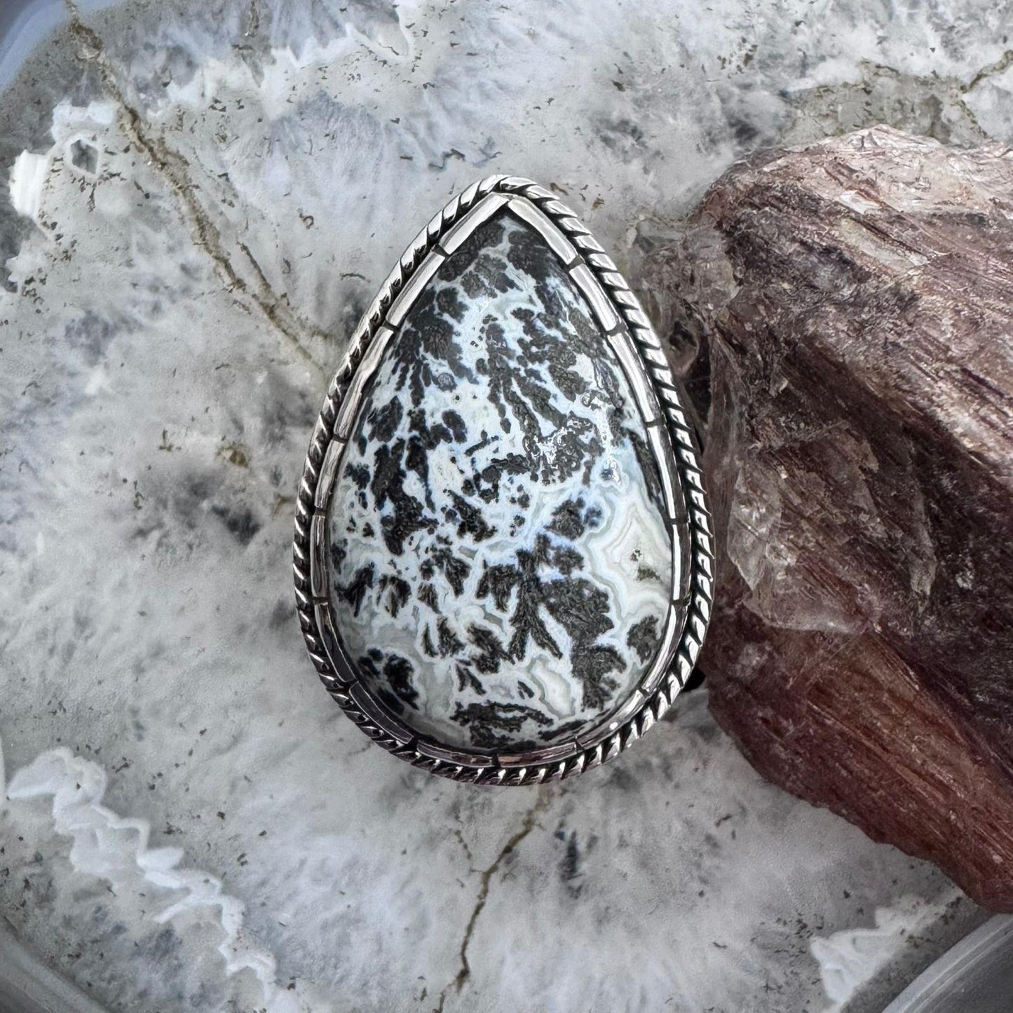 Sterling Silver Southwestern Style Teardrop Parral Dendritic Decorated Ring Size 10 For Women