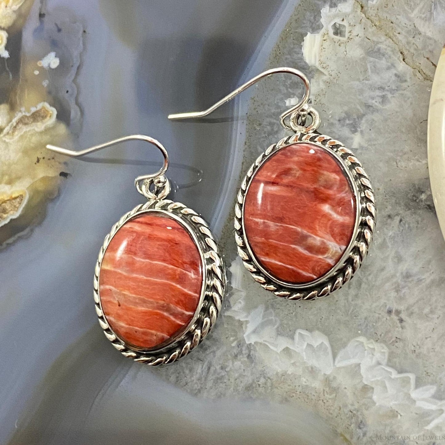 Native American Sterling Silver Oval Spiny Oyster Dangle Earrings For Women #1