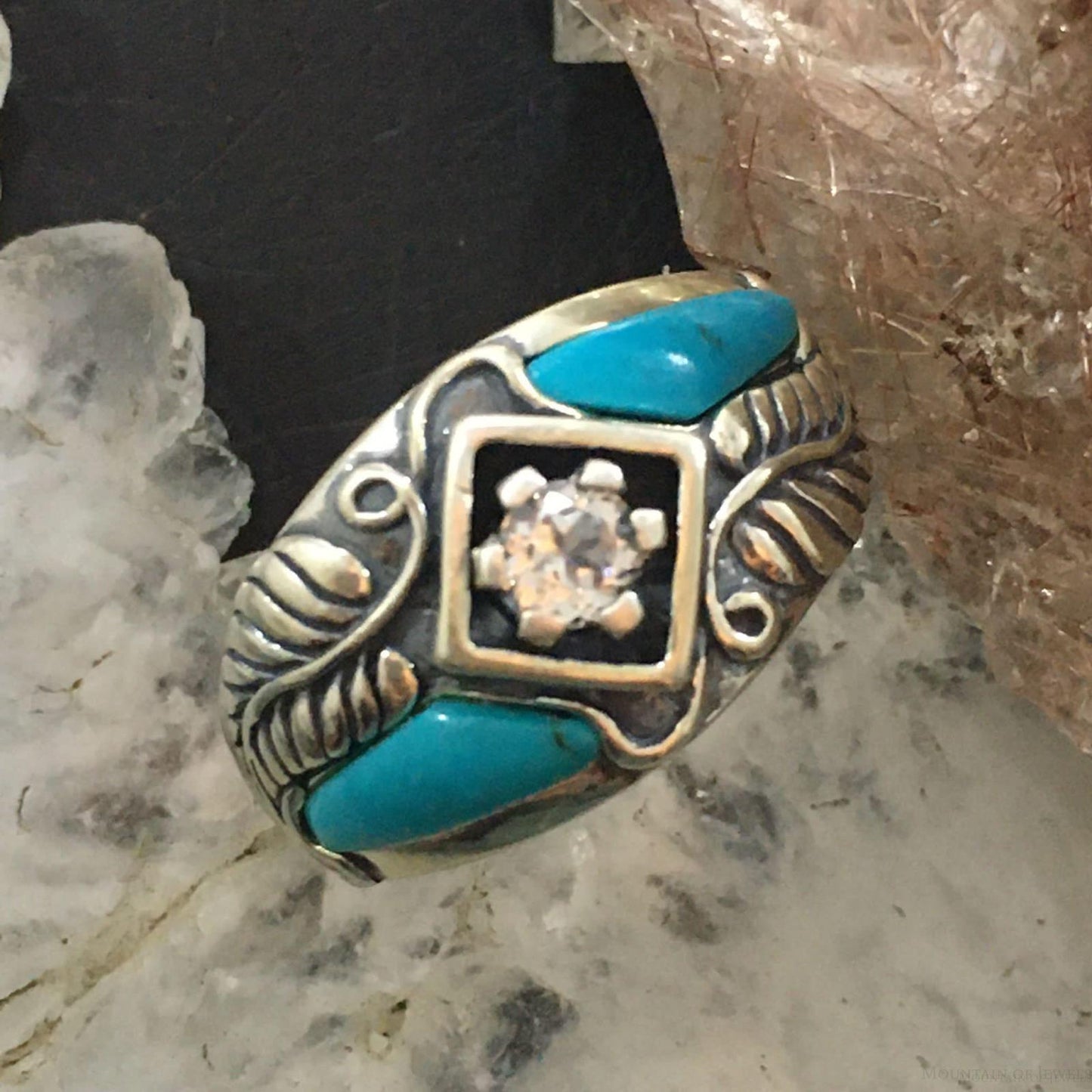 Carolyn Pollack Southwestern Style Sterling Silver Turquoise & White Topaz Decorated Ring
