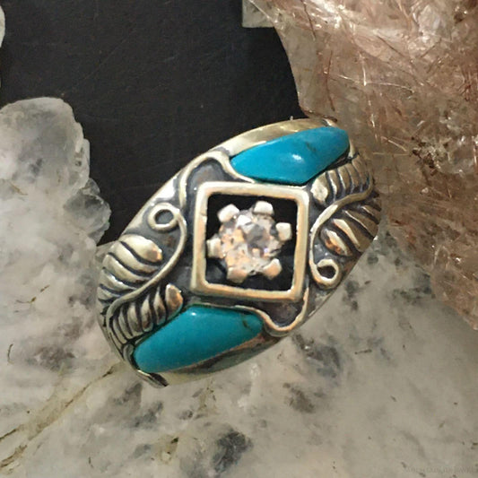 Carolyn Pollack Southwestern Style Sterling Silver Turquoise & White Topaz Decorated Ring