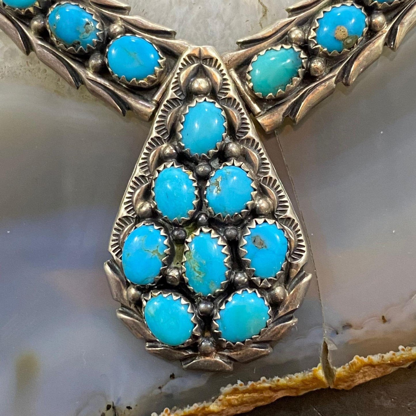 Vintage Native American Sterling Silver Turquoise Cluster Adj.18" Necklace