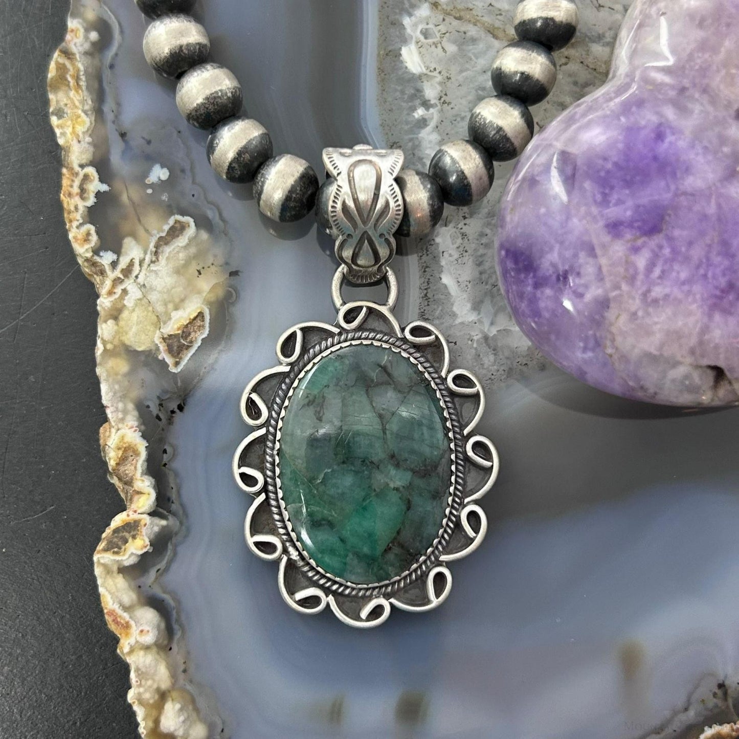 Sterling Silver Southwestern Style Oval Dark Emerald Decorated Pendant For Women