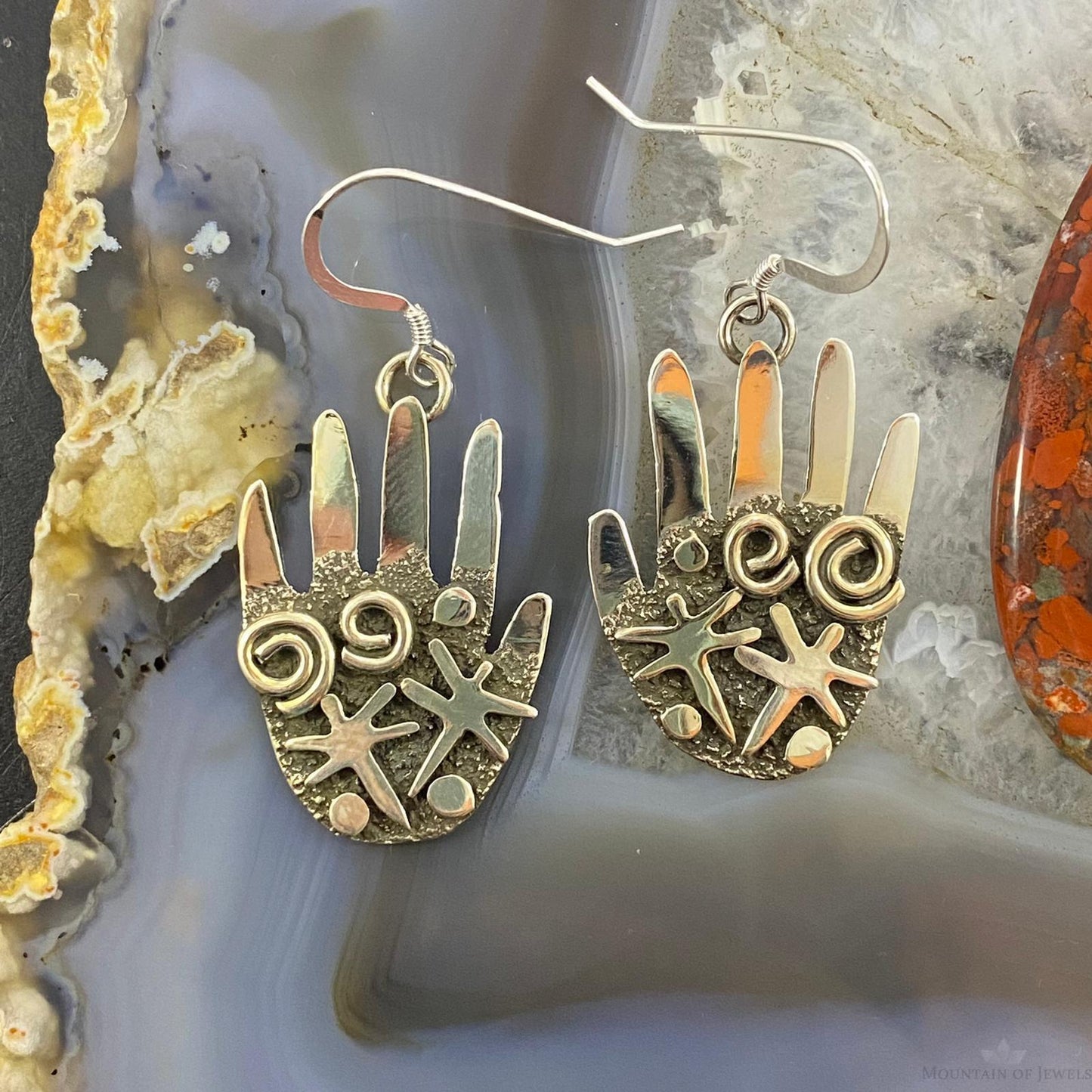 Alex Sanchez Native American Sterling Silver Ancestors Hand Petroglyph Dangle Earrings For Women #1